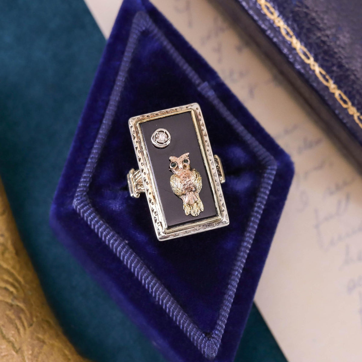 Antique Onyx and Diamond Owl Ring of 14k Gold - Trademark Antiques