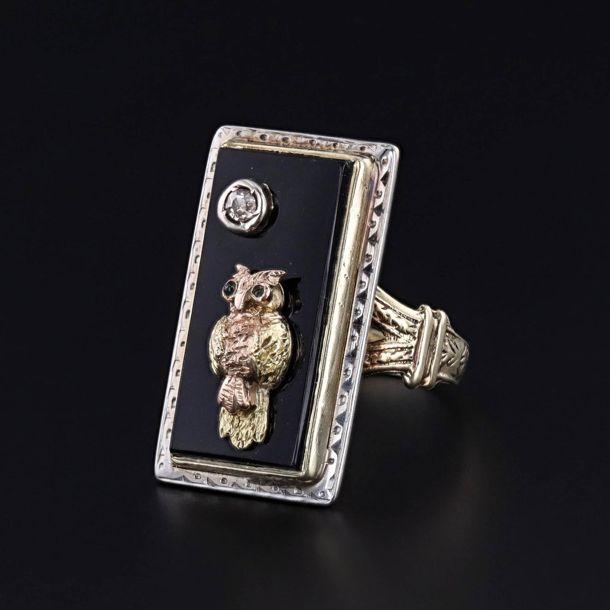 Antique Onyx and Diamond Owl Ring of 14k Gold - Trademark Antiques