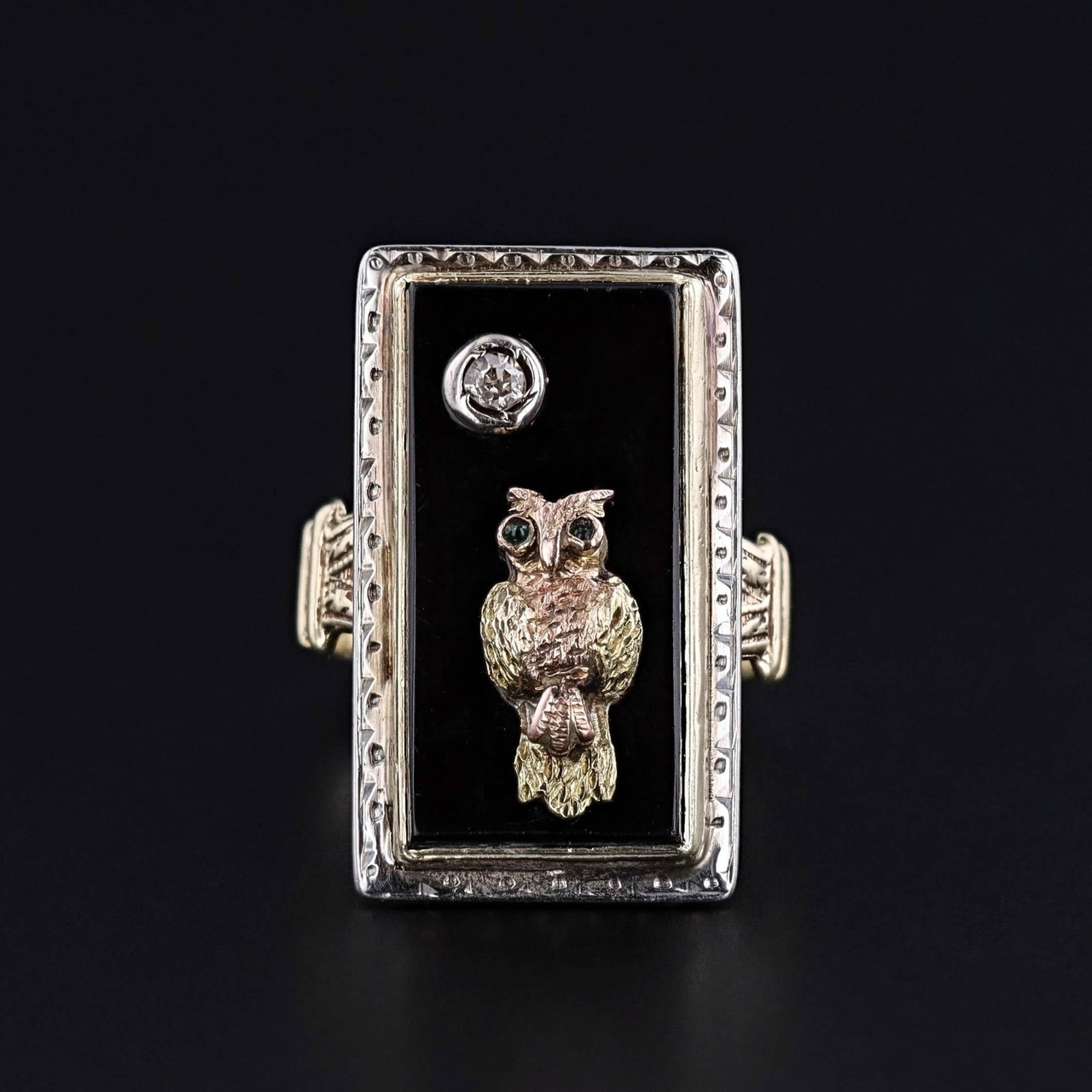Antique Onyx and Diamond Owl Ring of 14k Gold - Trademark Antiques