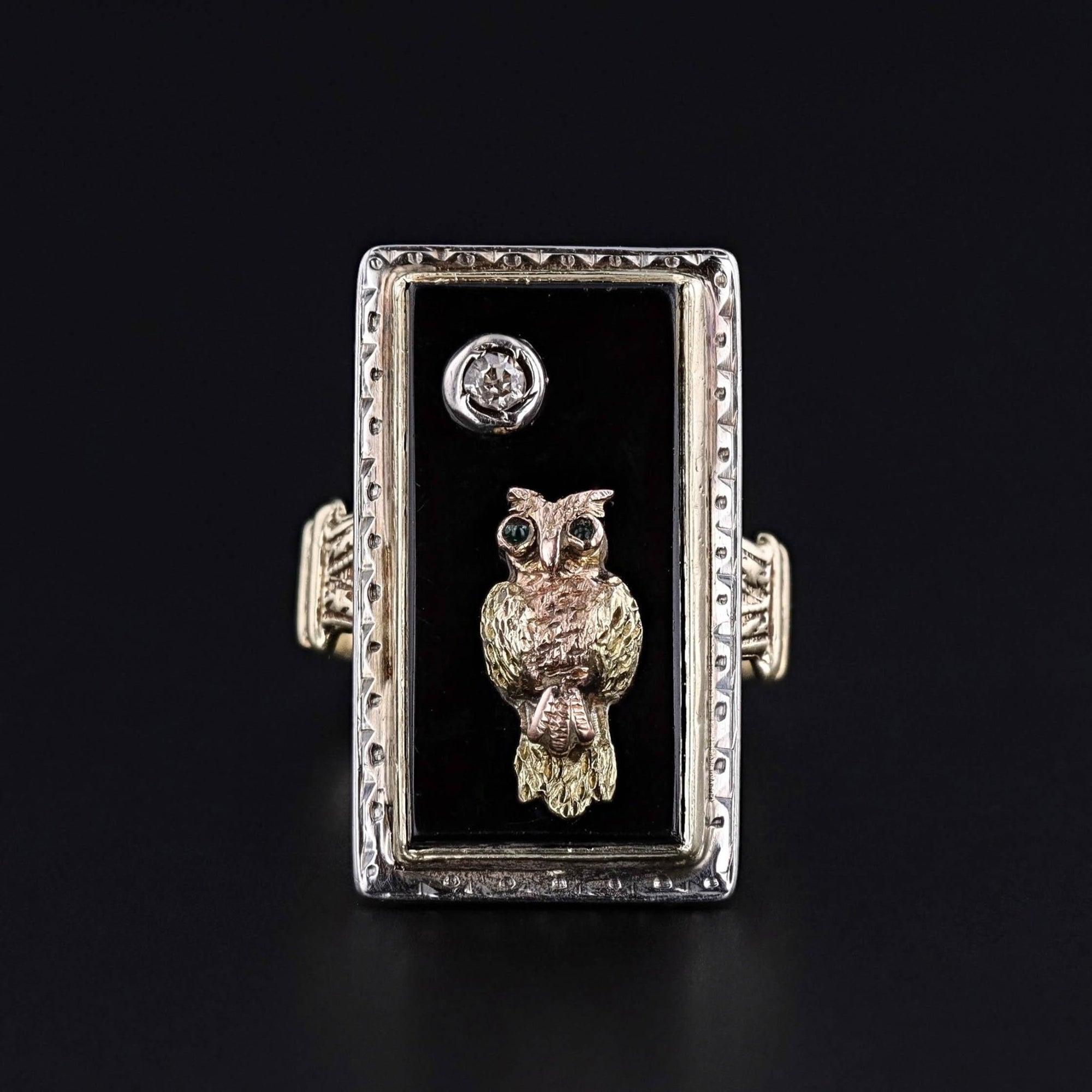 Antique Onyx and Diamond Owl Ring of 14k Gold - Trademark Antiques