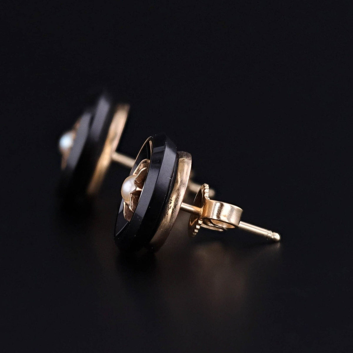 Antique Onyx and Pearl Conversion Earrings of 14k Gold - Trademark Antiques
