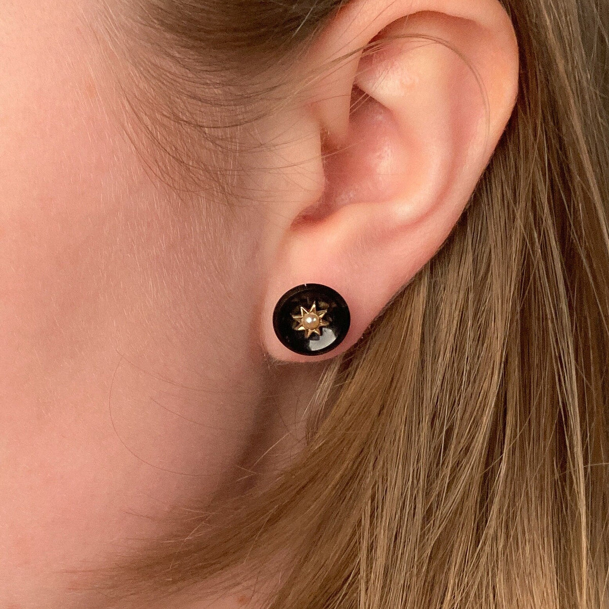 Antique Onyx and Pearl Conversion Earrings of 14k Gold - Trademark Antiques