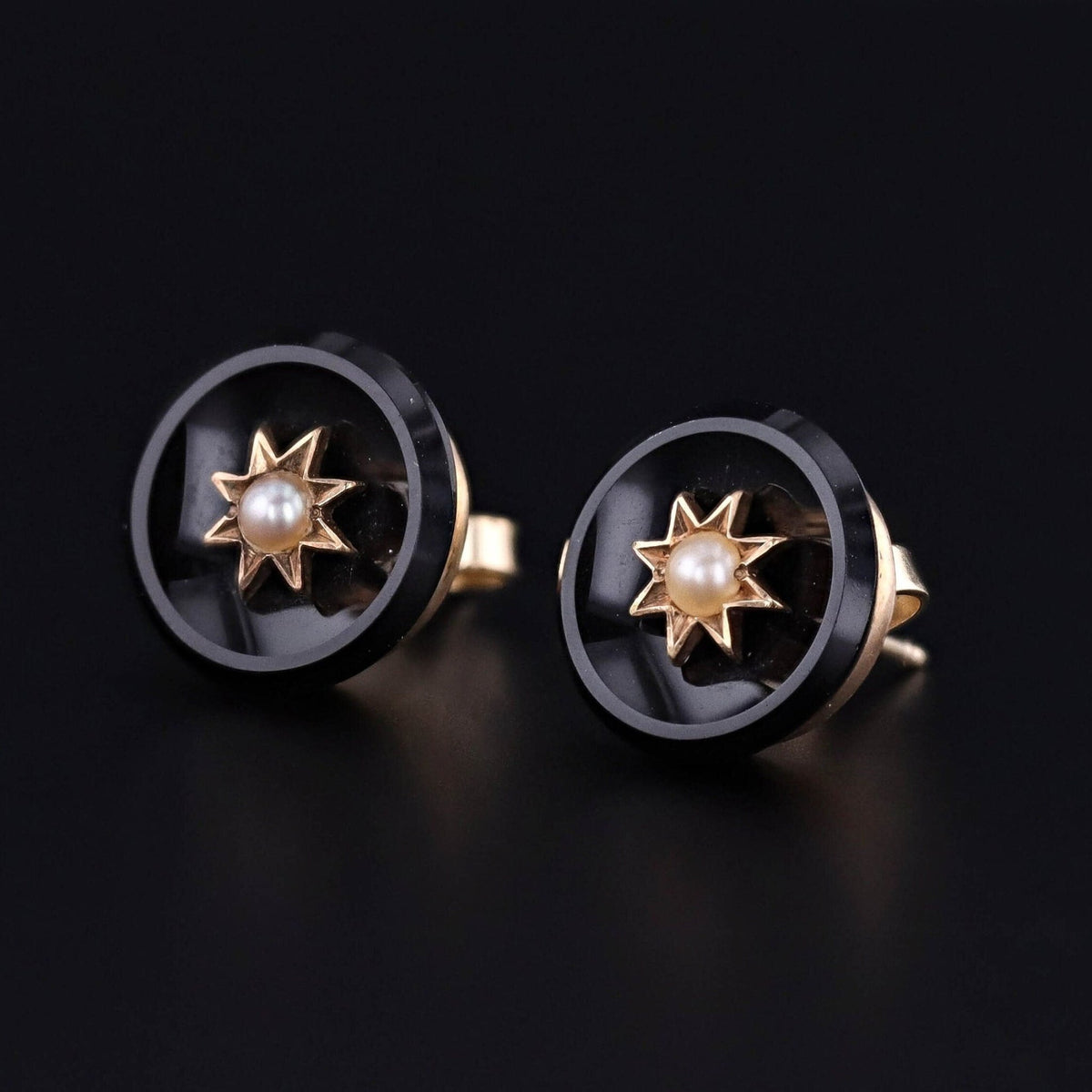 Antique Onyx and Pearl Conversion Earrings of 14k Gold - Trademark Antiques