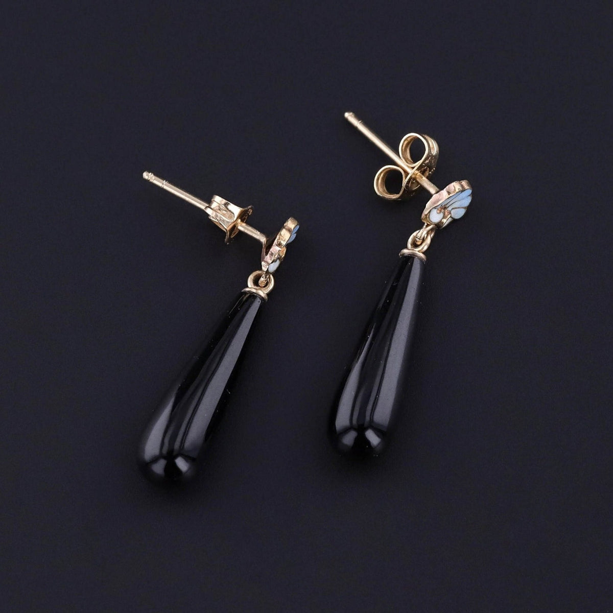 Antique Onyx &amp; Enamel Earrings of 14k Gold - Trademark Antiques