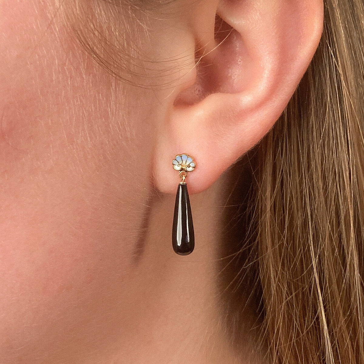 Antique Onyx &amp; Enamel Earrings of 14k Gold - Trademark Antiques