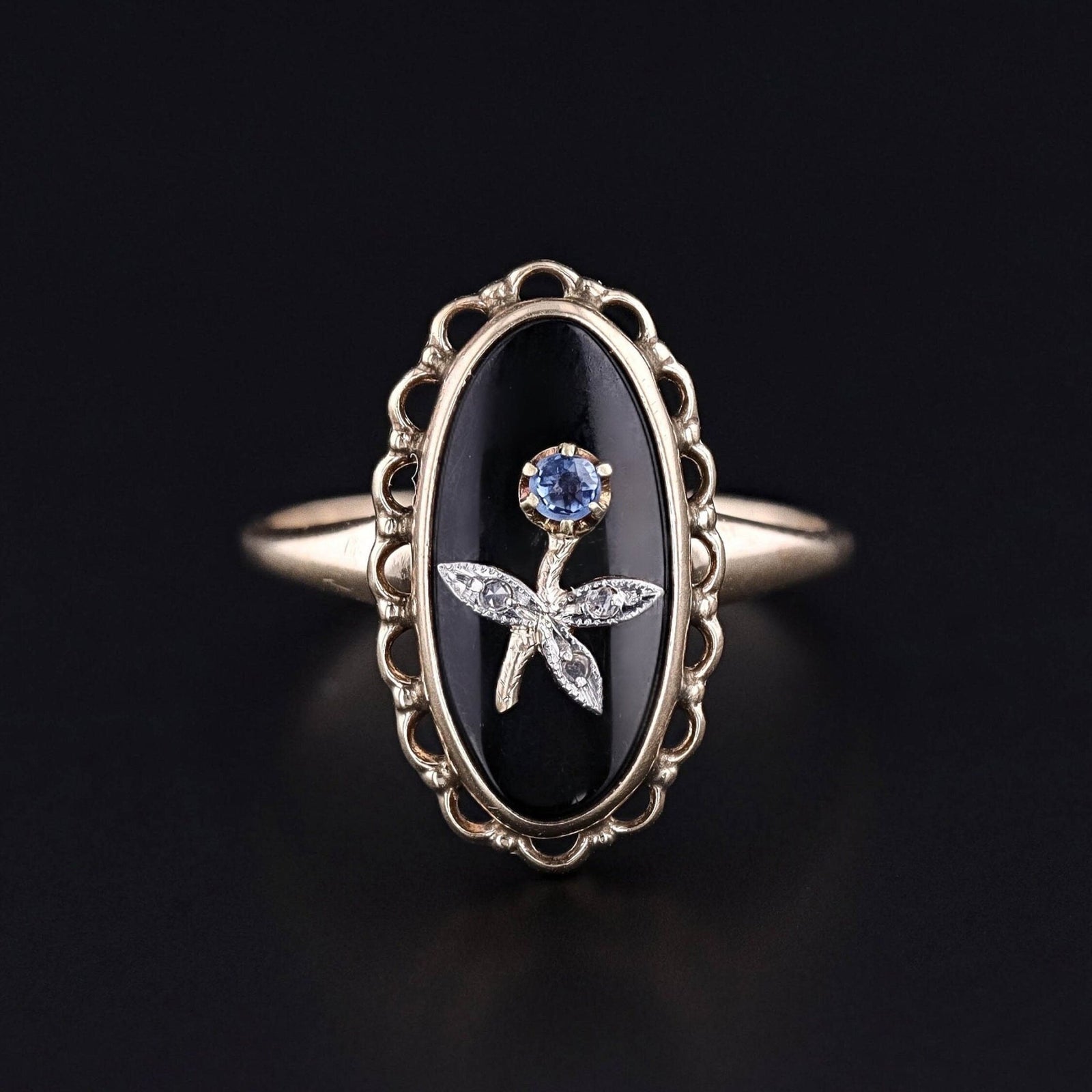 Antique Onyx Flower Ring of 10k gold - Trademark Antiques