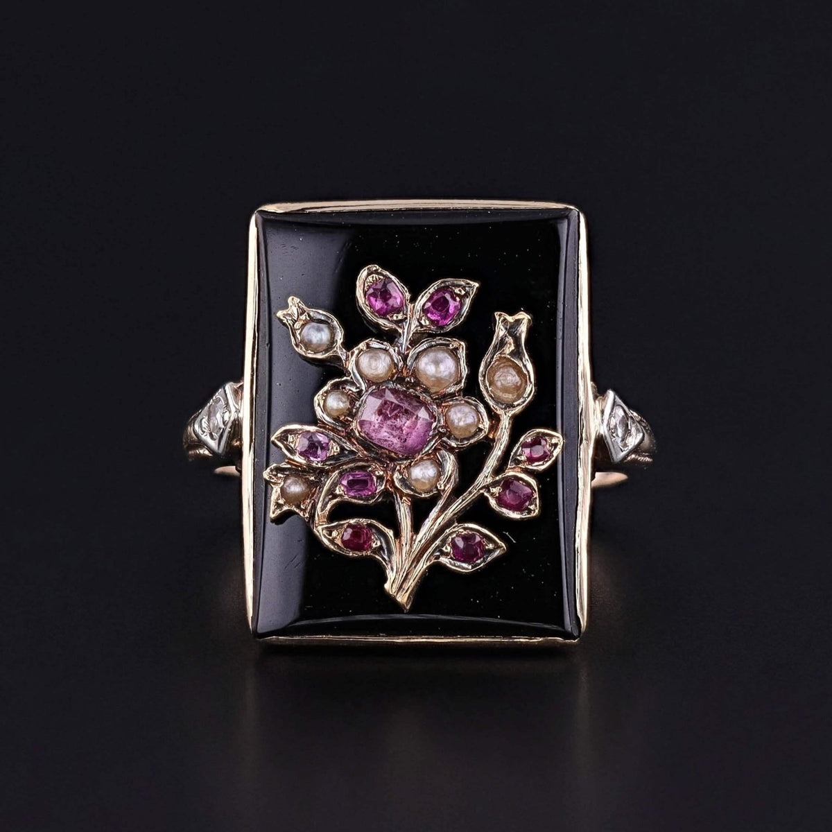 Antique Onyx Flower Ring of 10k Gold - Trademark Antiques