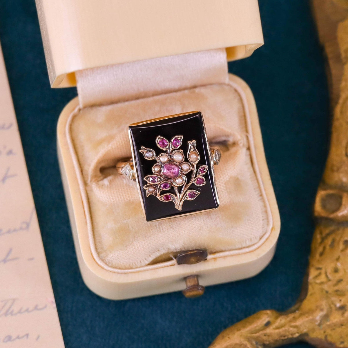 Antique Onyx Flower Ring of 10k Gold - Trademark Antiques