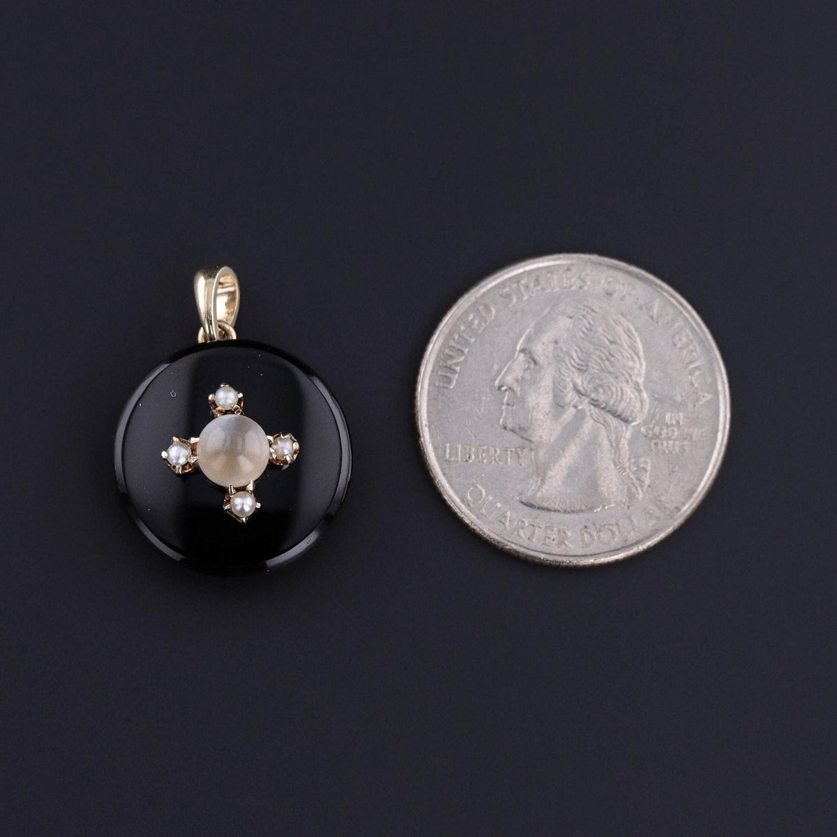 Antique Onyx Moonstone &amp; Pearl Pendant of 14k Gold - Trademark Antiques