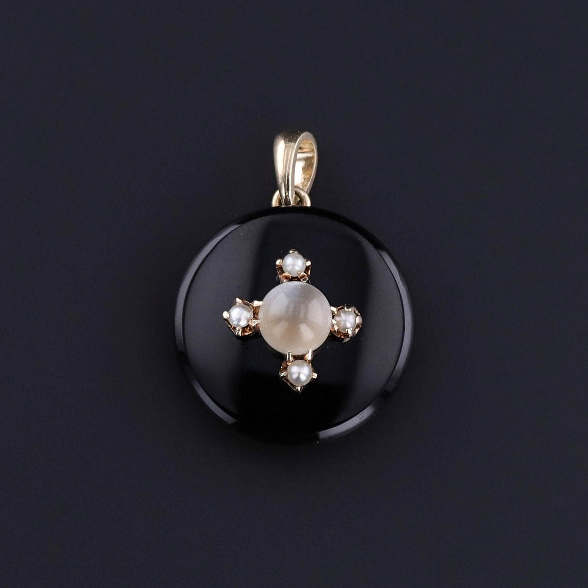 Antique Onyx Moonstone &amp; Pearl Pendant of 14k Gold - Trademark Antiques
