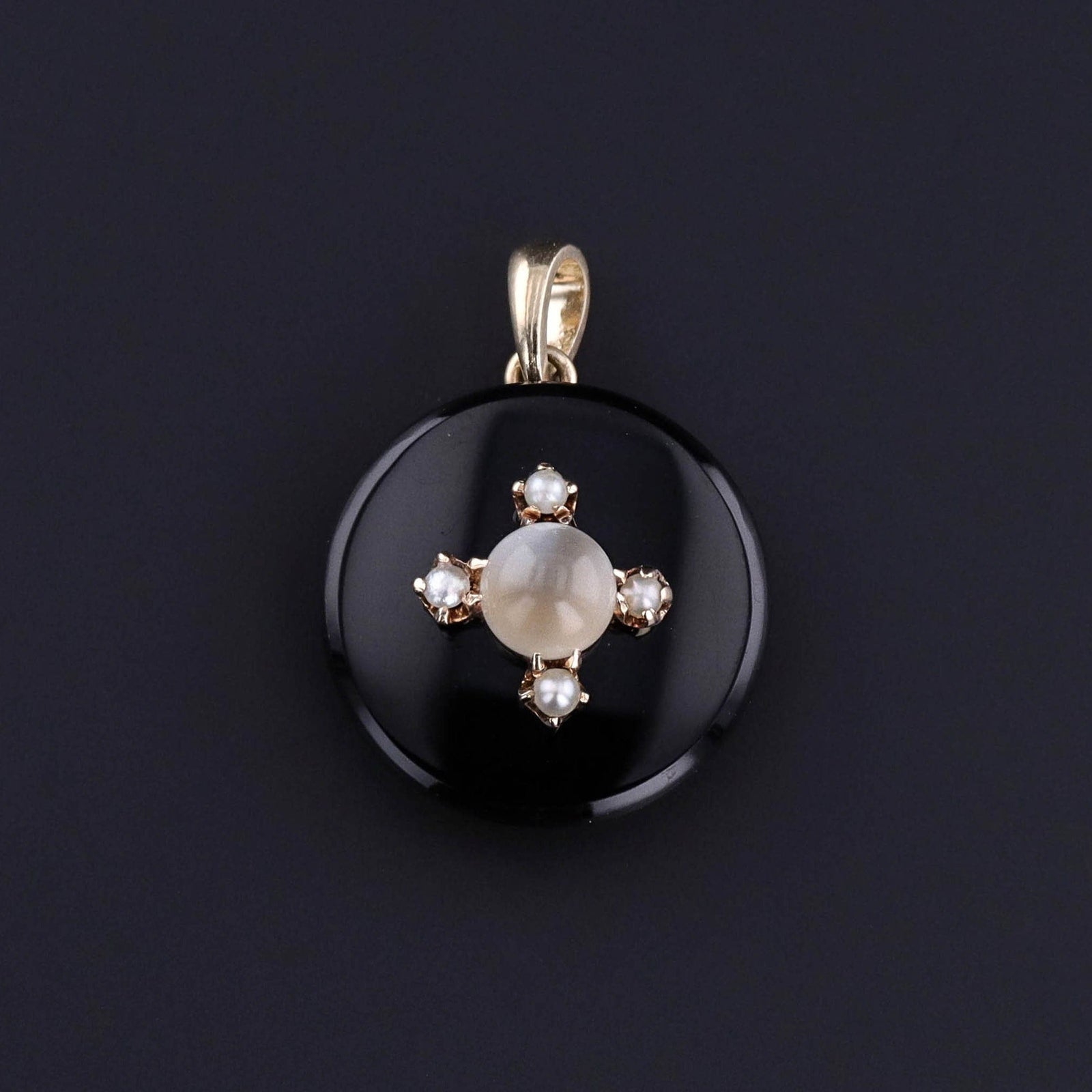 Antique Onyx Moonstone & Pearl Pendant of 14k Gold - Trademark Antiques