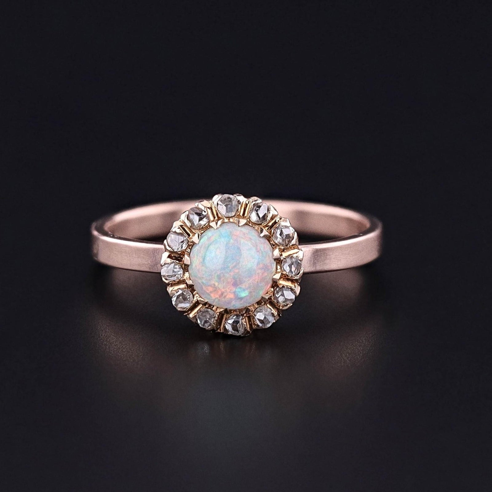 Antique Opal and Diamond Halo Ring of 14k Gold - Trademark Antiques