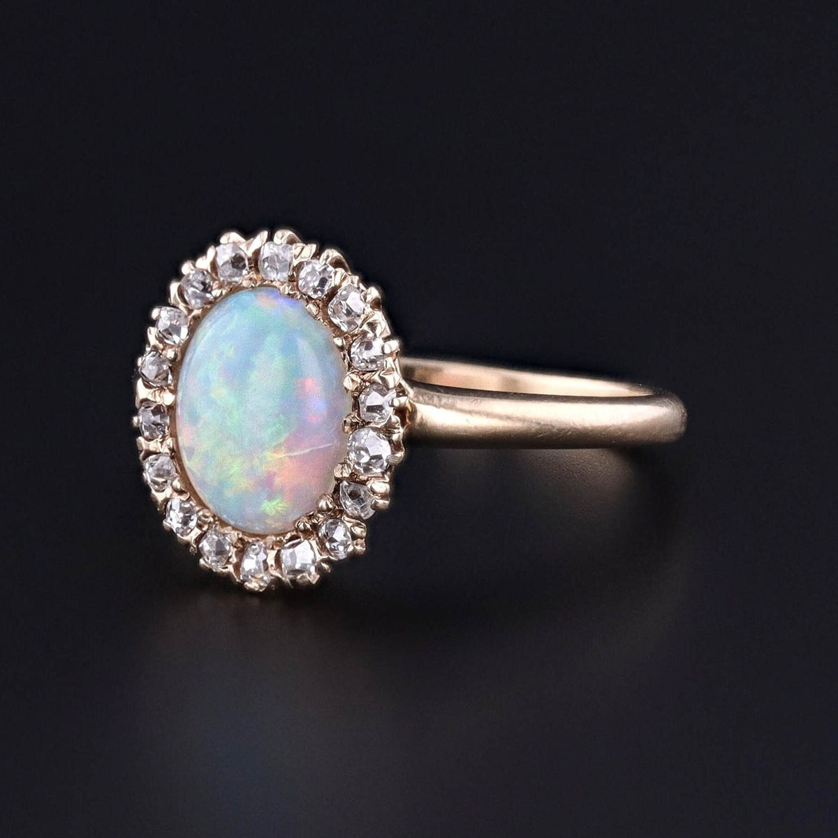 Antique Opal and Diamond Halo Ring of 14k Gold - Trademark Antiques