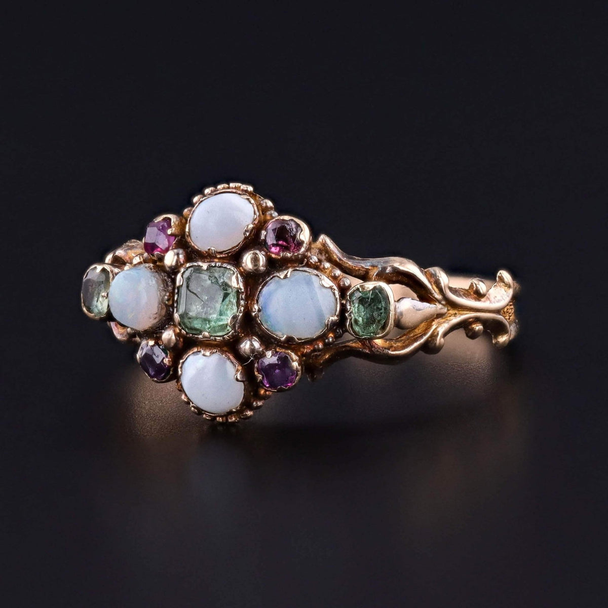 Antique Opal, Emerald, and Ruby Ring of 15k Gold - Trademark Antiques