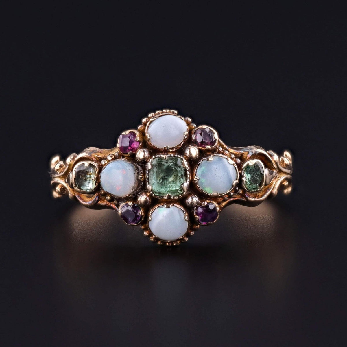 Antique Opal, Emerald, and Ruby Ring of 15k Gold - Trademark Antiques