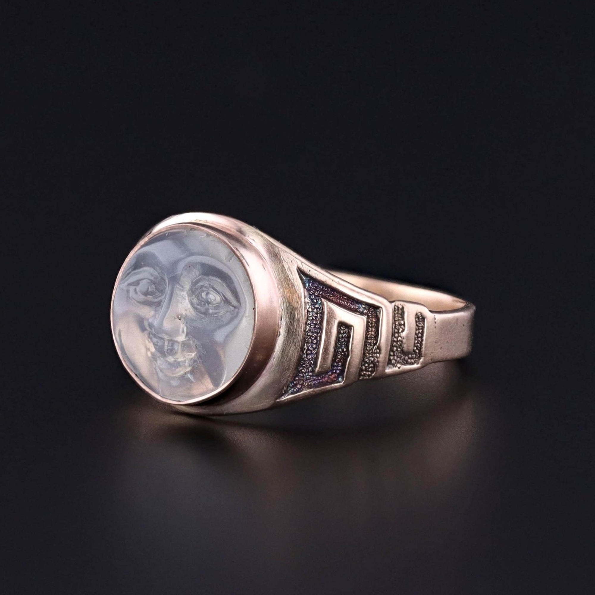 Antique Opalescent Glass Man in the Moon Ring of 8k Gold - Trademark Antiques