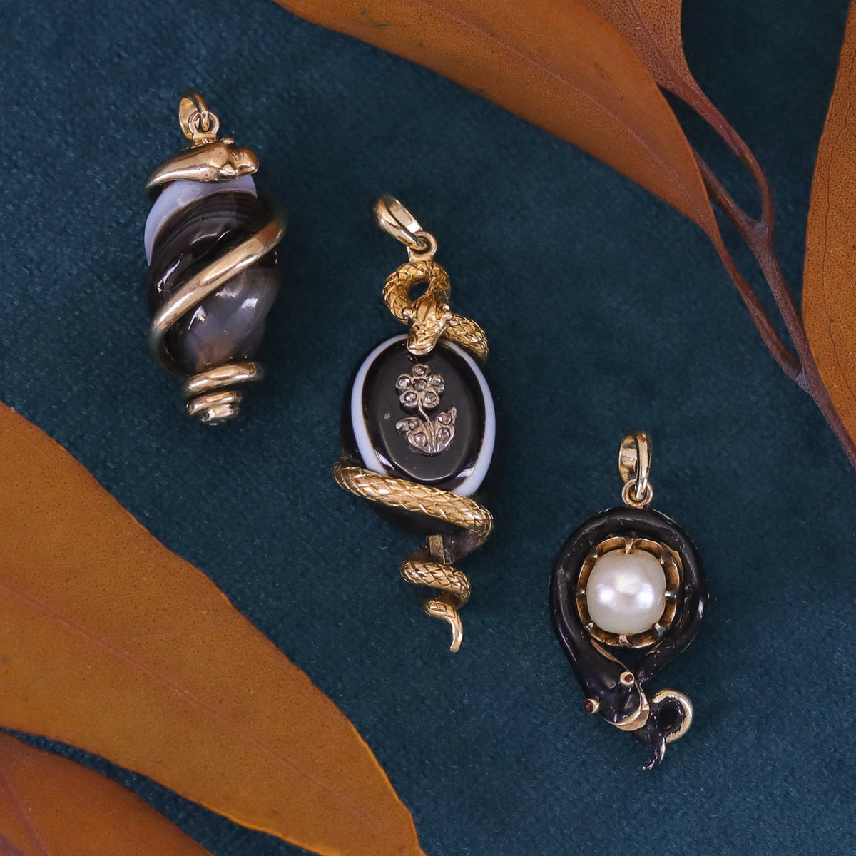 Antique Ouroboros Snake Pendant of Enamel Pearl and 12k Gold - Trademark Antiques