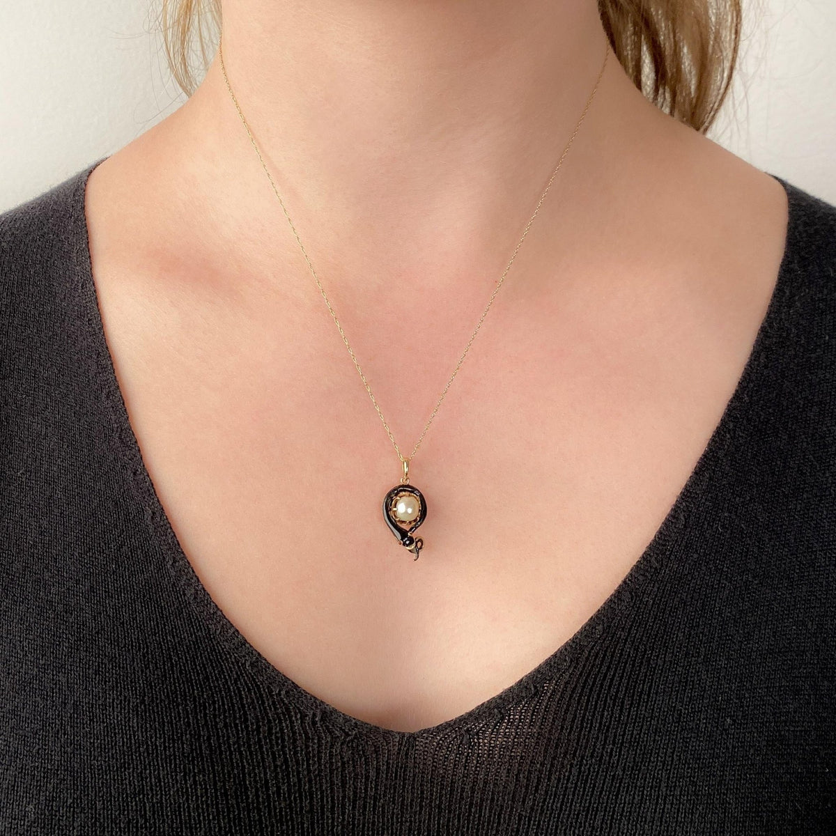 Antique Ouroboros Snake Pendant of Enamel Pearl and 12k Gold - Trademark Antiques