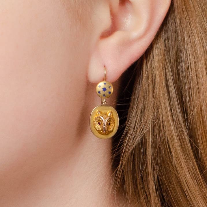 Antique Owl Conversion Earrings of 14k Gold - Trademark Antiques