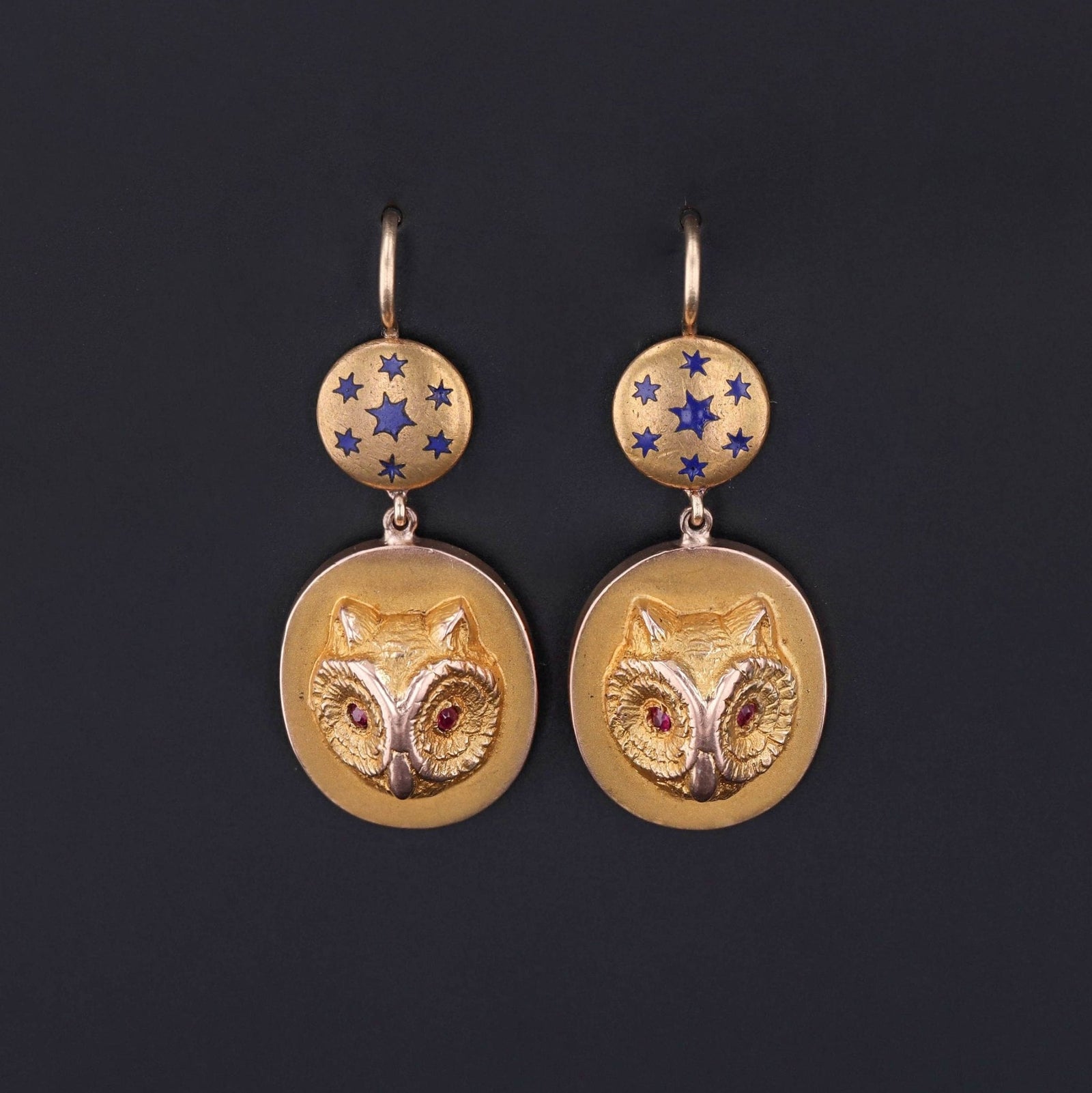 Antique Owl Conversion Earrings of 14k Gold - Trademark Antiques