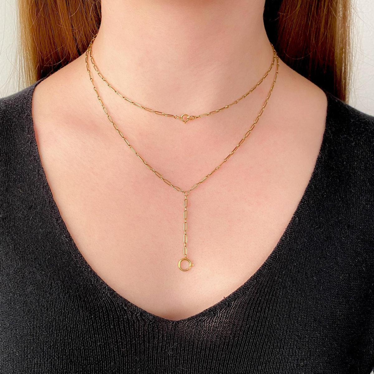 Antique Paperclip Link Lariat Watch Chain Necklace of 14k Gold - Trademark Antiques