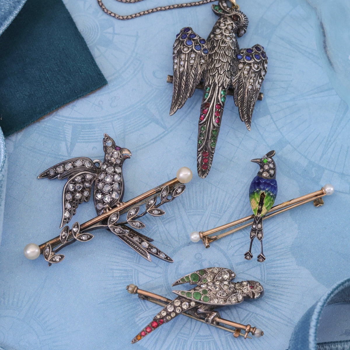 Antique Parrot Brooch with Paste Accents in Silver - Trademark Antiques