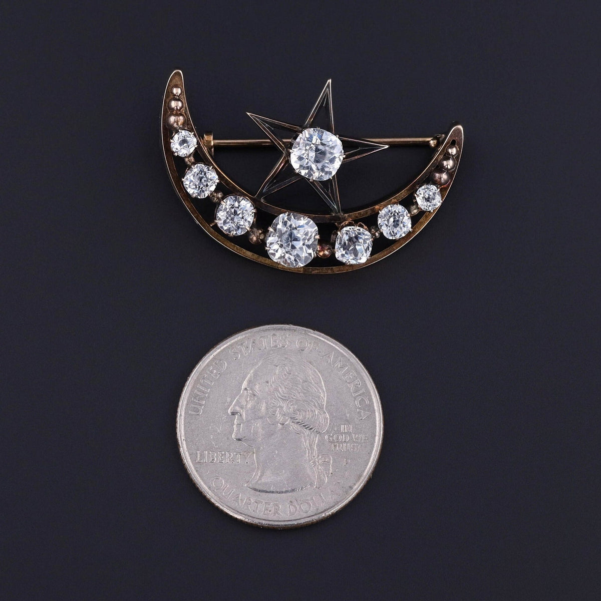 Antique Paste Crescent Moon and Star Brooch of 9ct Gold - Trademark Antiques