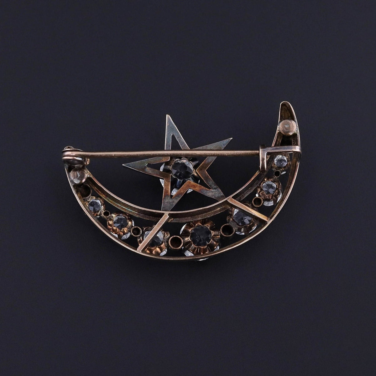 Antique Paste Crescent Moon and Star Brooch of 9ct Gold - Trademark Antiques