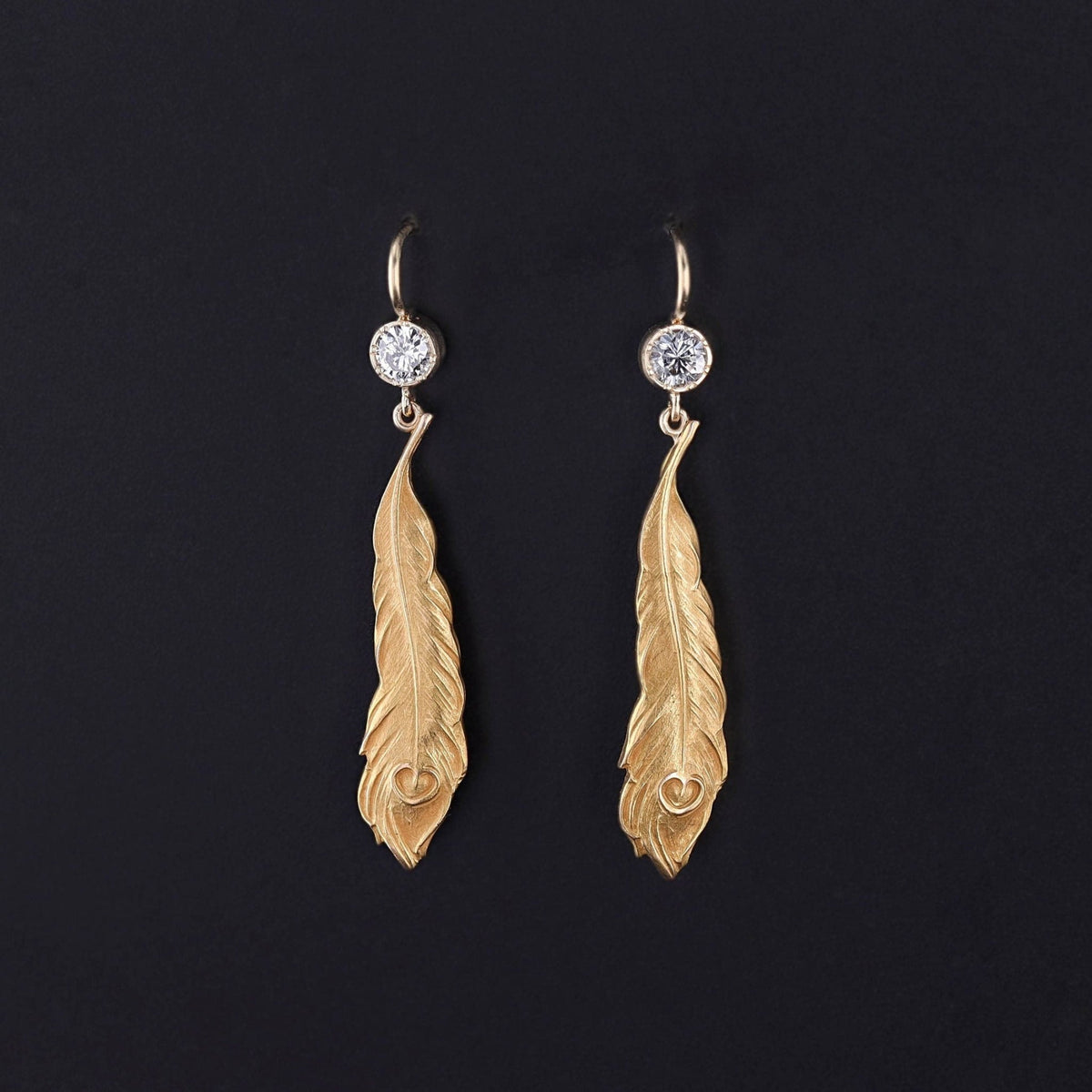 Antique Peacock Feather Earrings of 14k Gold - Trademark Antiques