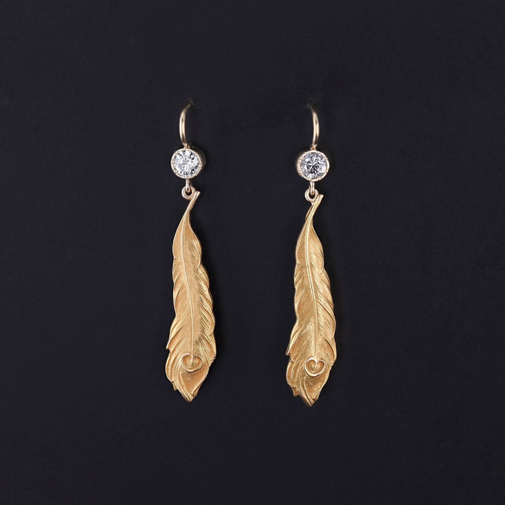Antique Peacock Feather Earrings of 14k Gold - Trademark Antiques