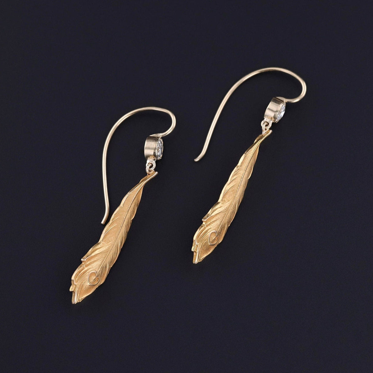Antique Peacock Feather Earrings of 14k Gold - Trademark Antiques