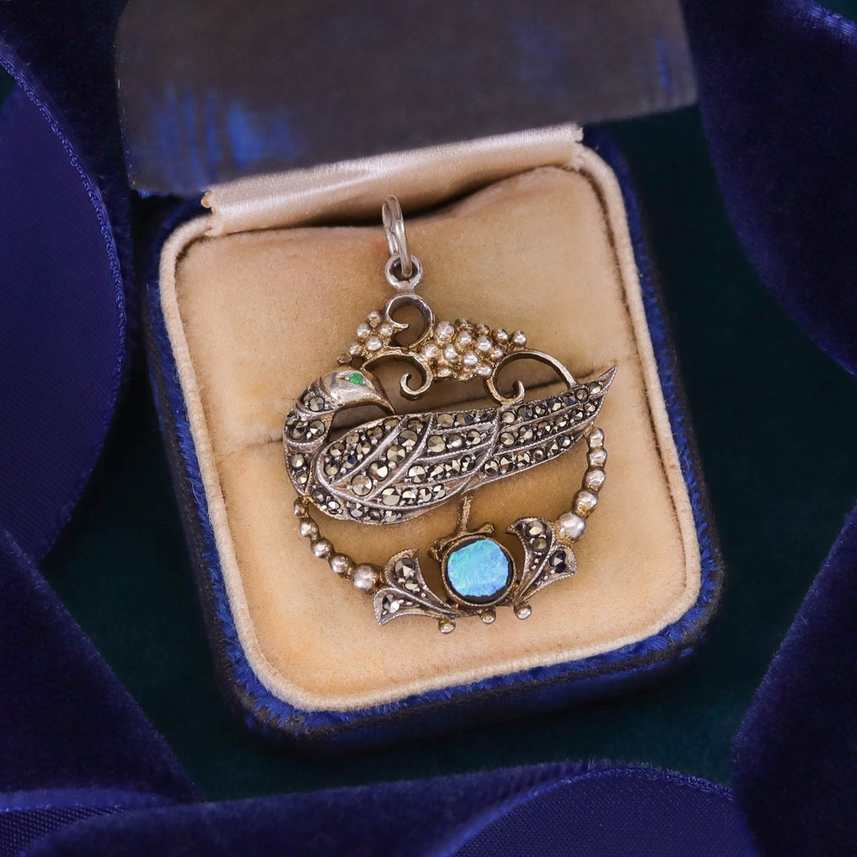 Antique Peacock Pendant with Opal and Marcasites - Trademark Antiques