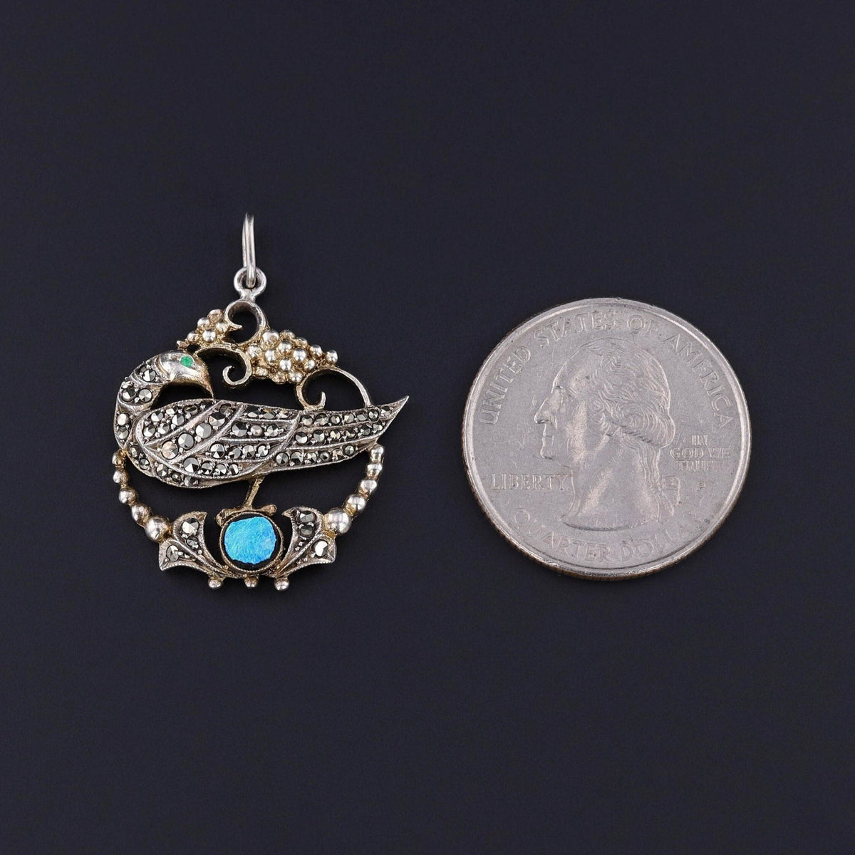 Antique Peacock Pendant with Opal and Marcasites - Trademark Antiques