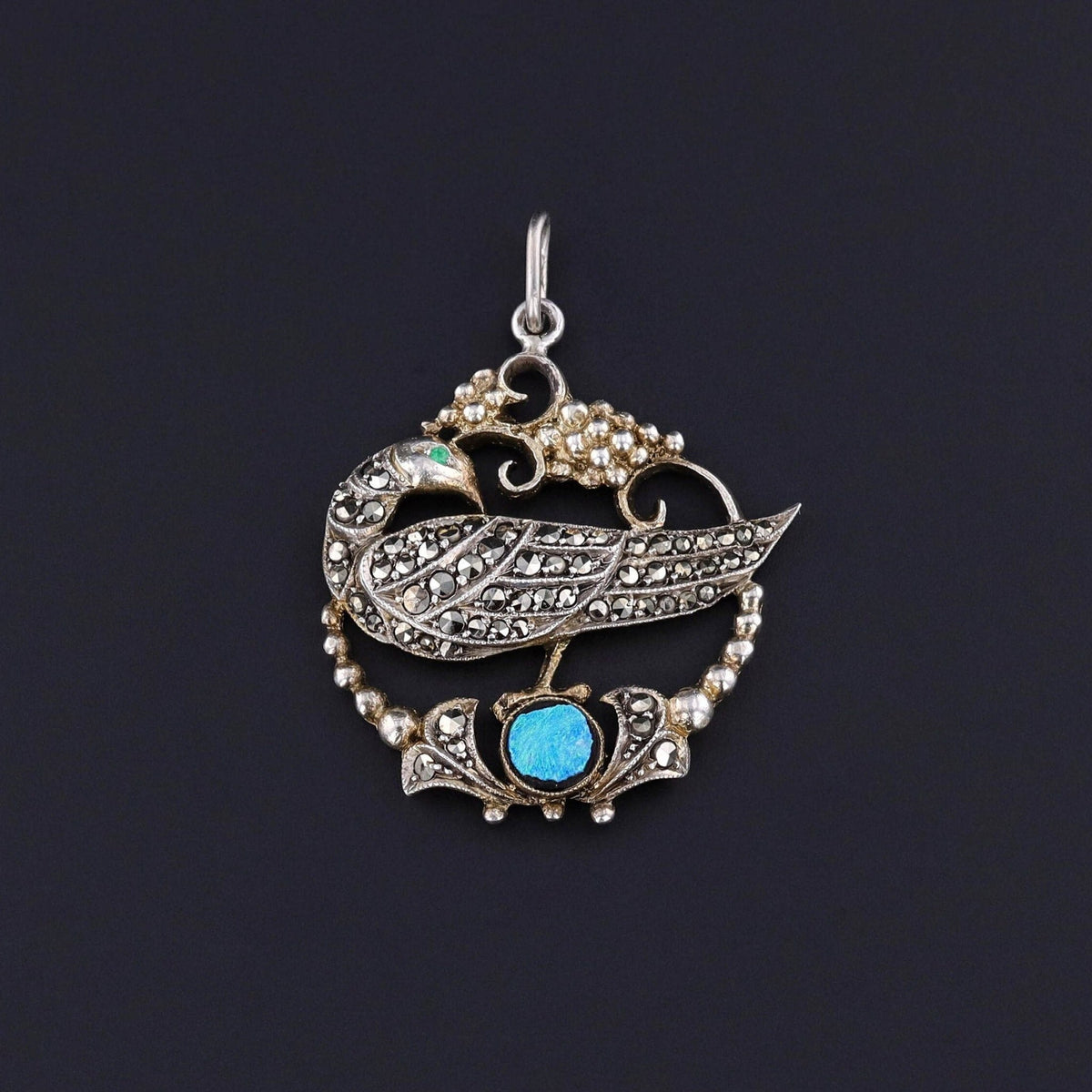 Antique Peacock Pendant with Opal and Marcasites - Trademark Antiques