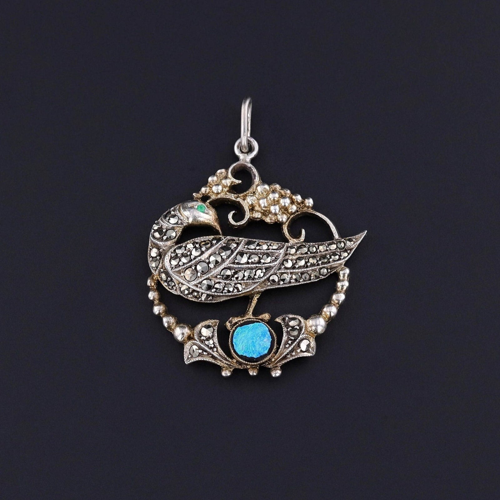 Antique Peacock Pendant with Opal and Marcasites - Trademark Antiques