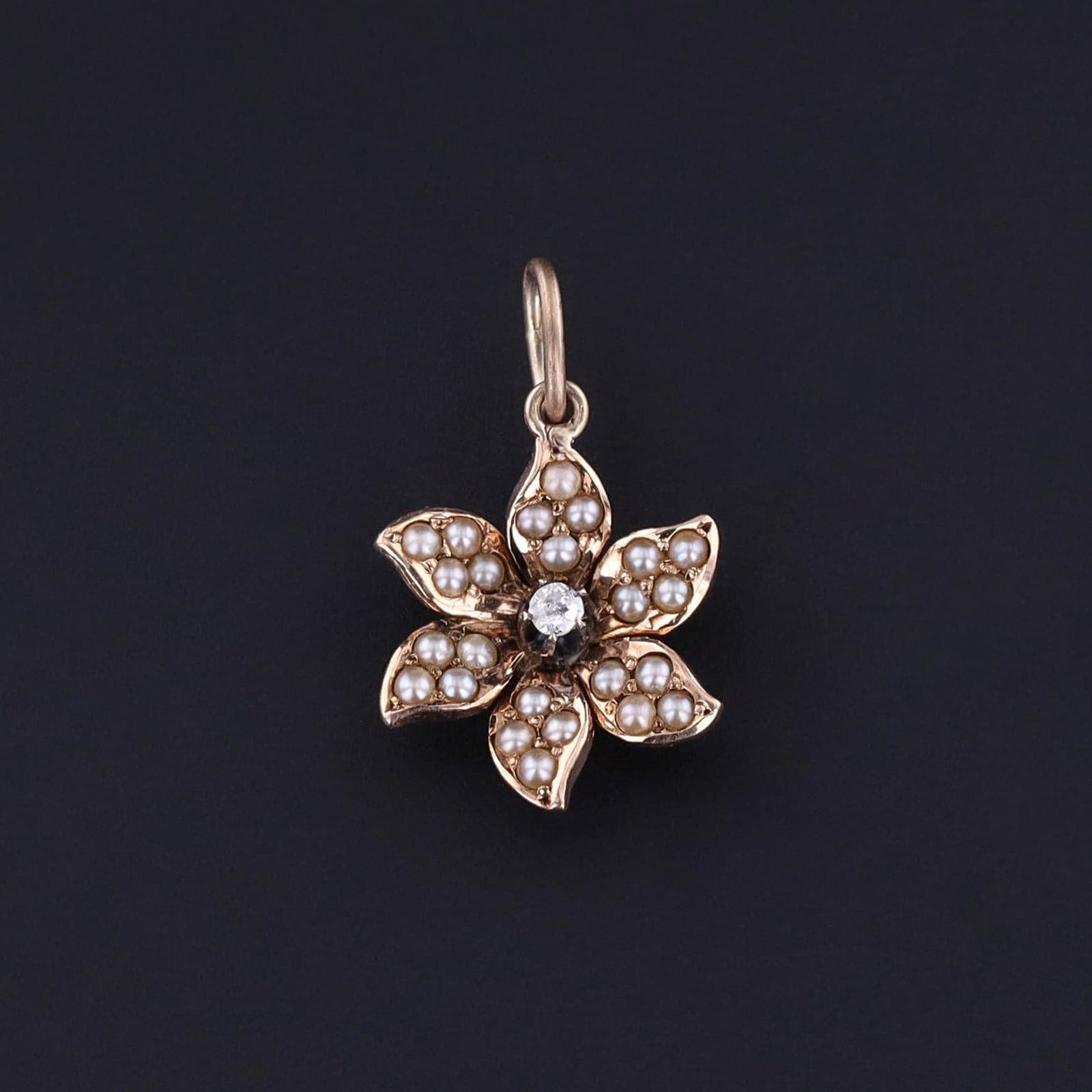 Antique Pearl and Diamond Flower Charm of 12ct Gold - Trademark Antiques