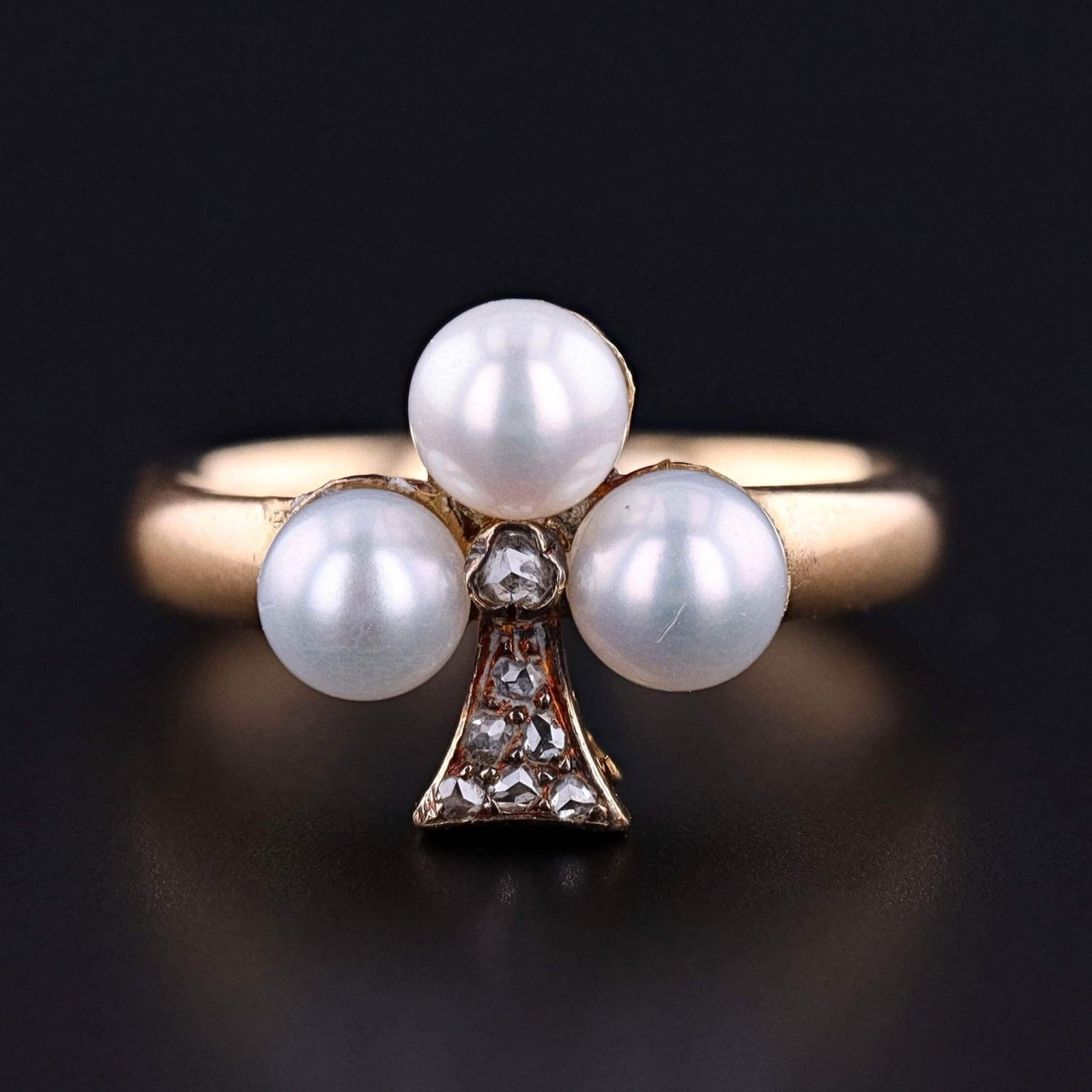 Antique Pearl and Diamond Shamrock Ring of 18k Gold - Trademark Antiques