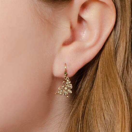Antique Pearl and Garnet Butterfly Conversion Earrings of 14k Gold - Trademark Antiques