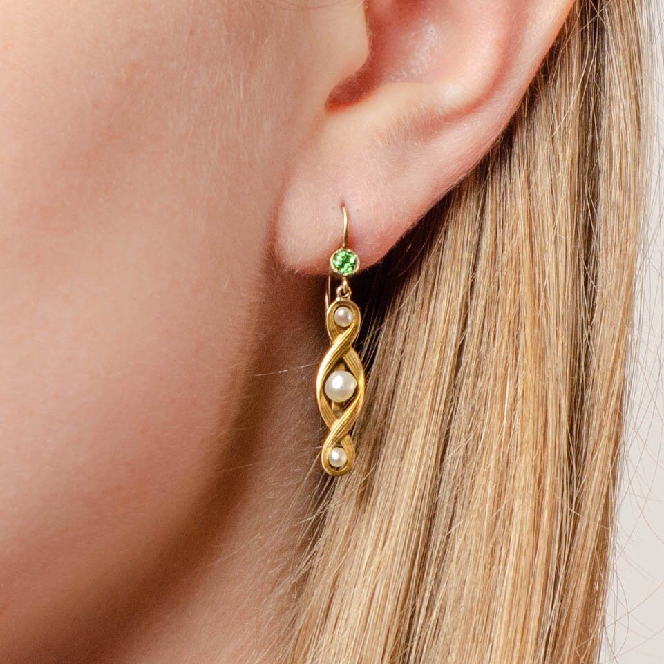 Antique Pearl and Tsavorite Garnet Earrings of 14k Gold - Trademark Antiques