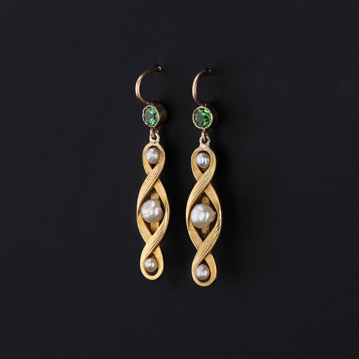 Antique Pearl and Tsavorite Garnet Earrings of 14k Gold - Trademark Antiques