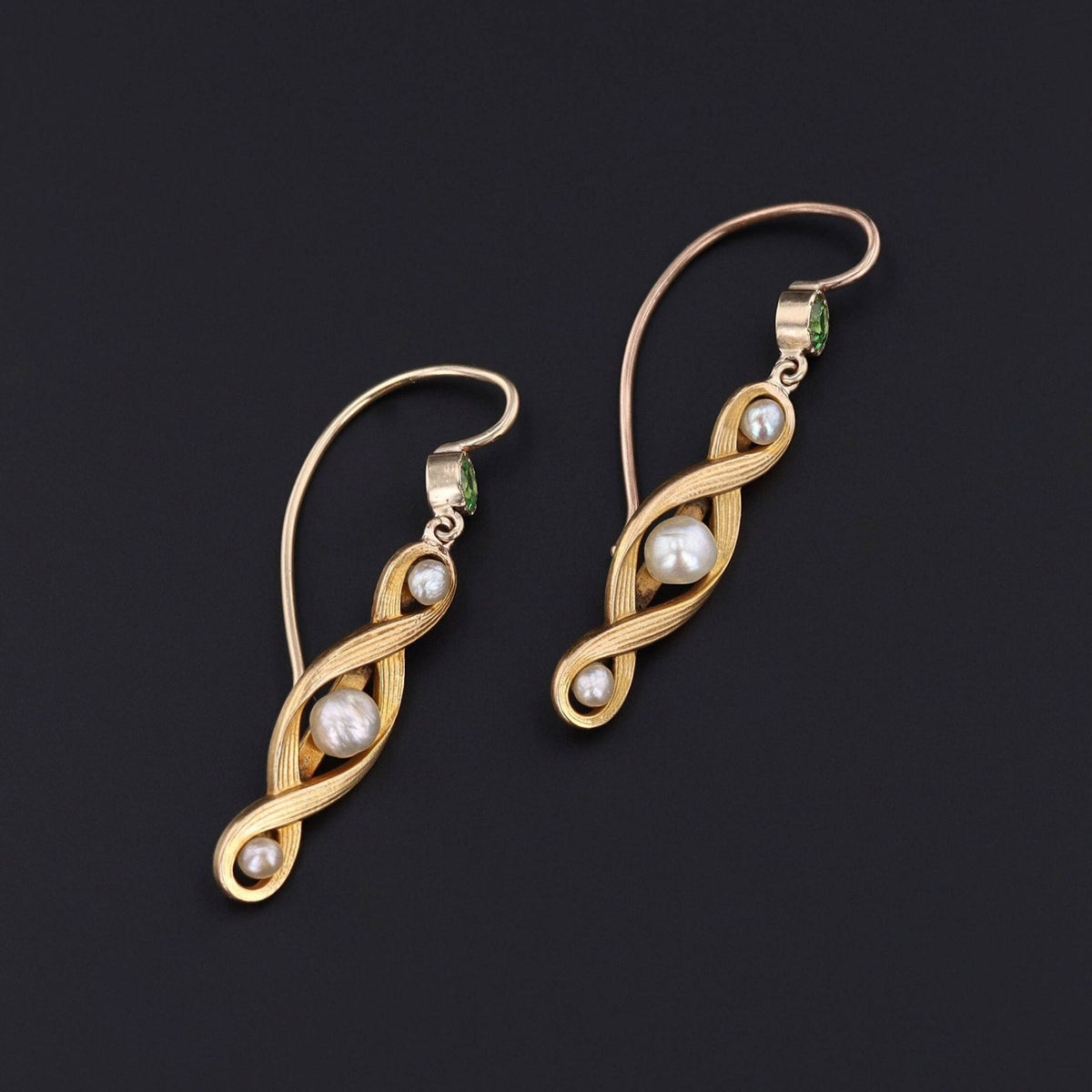 Antique Pearl and Tsavorite Garnet Earrings of 14k Gold - Trademark Antiques
