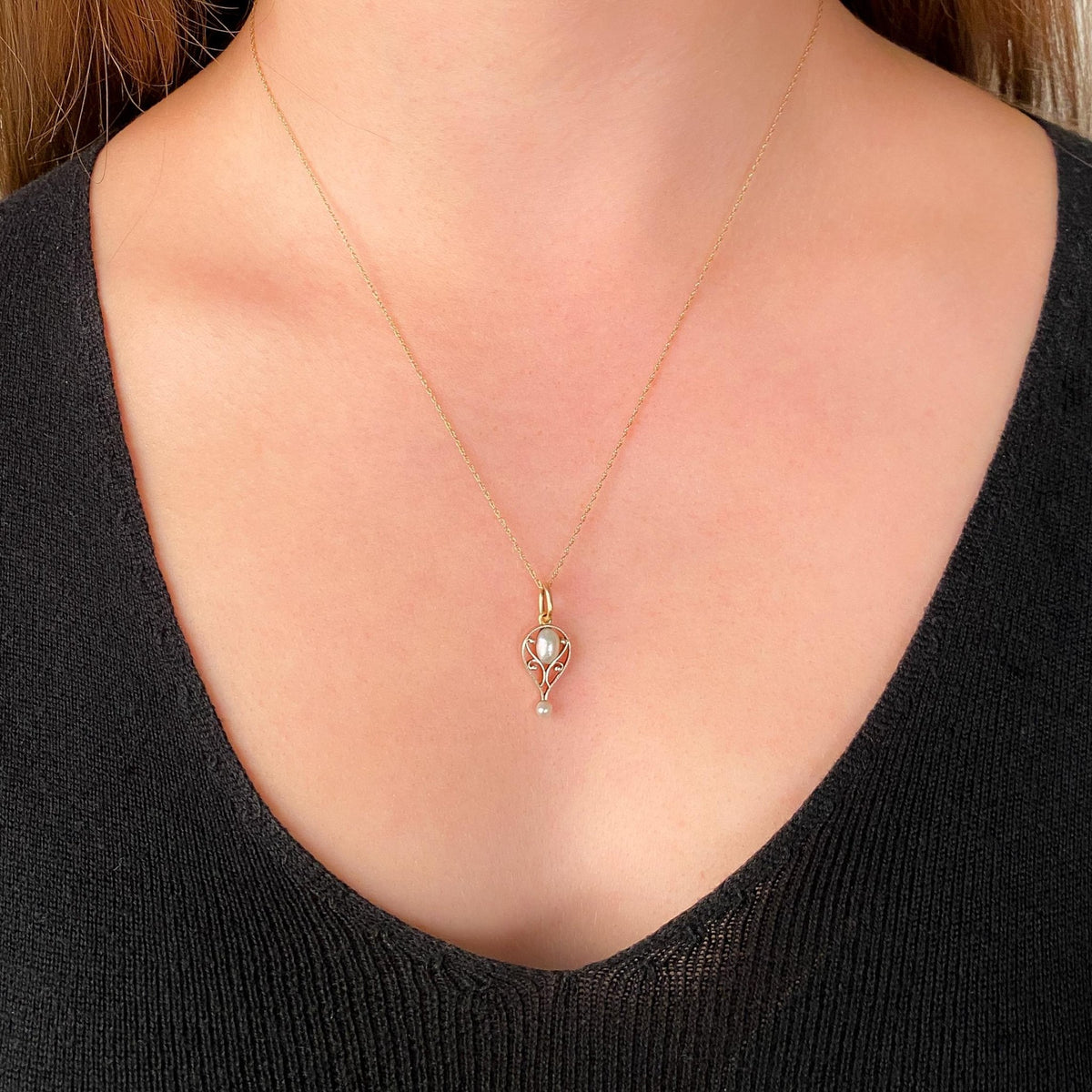 Antique Pearl Charm of Platinum and 14k Gold - Trademark Antiques