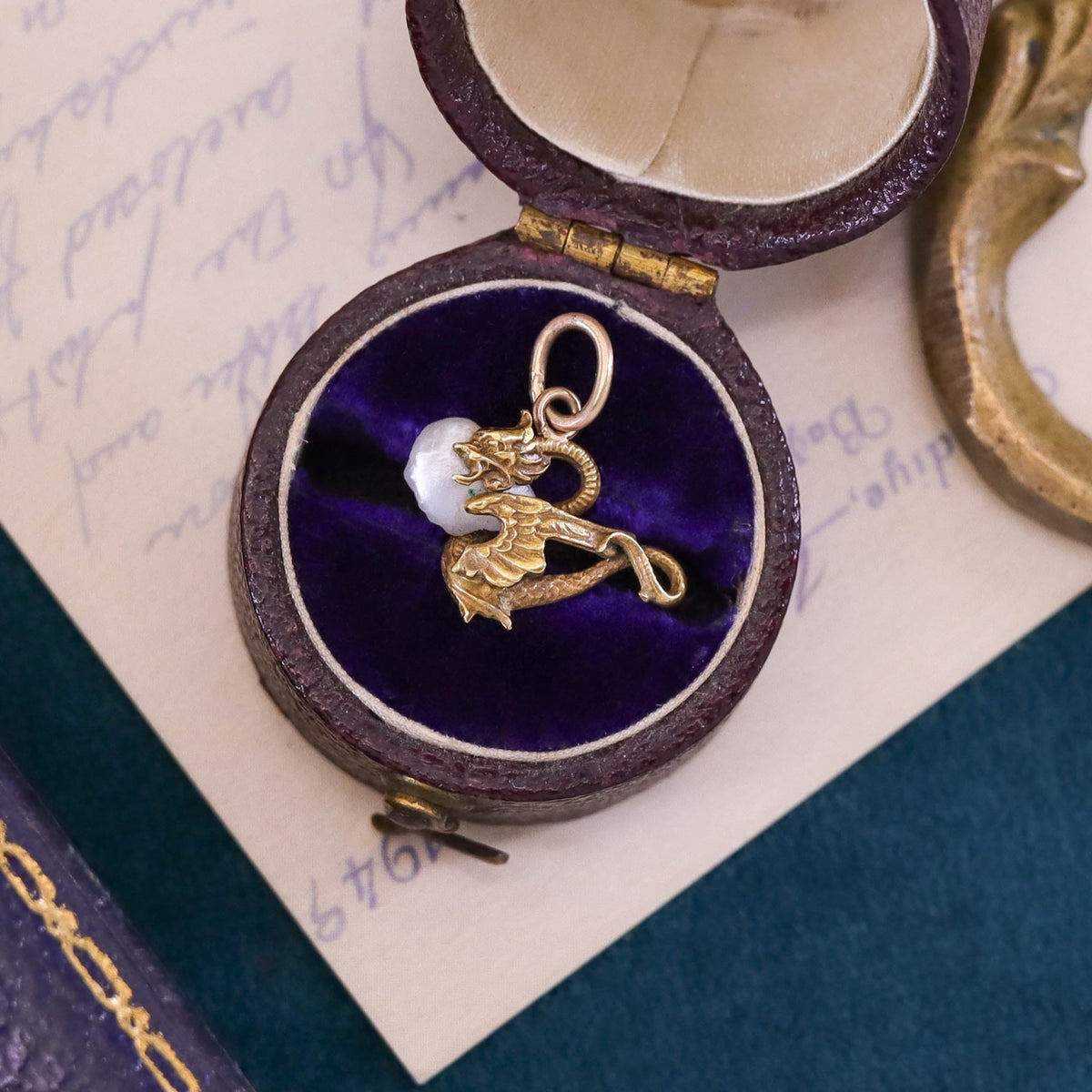 Antique Pearl Dragon Charm of 14k Gold - Trademark Antiques