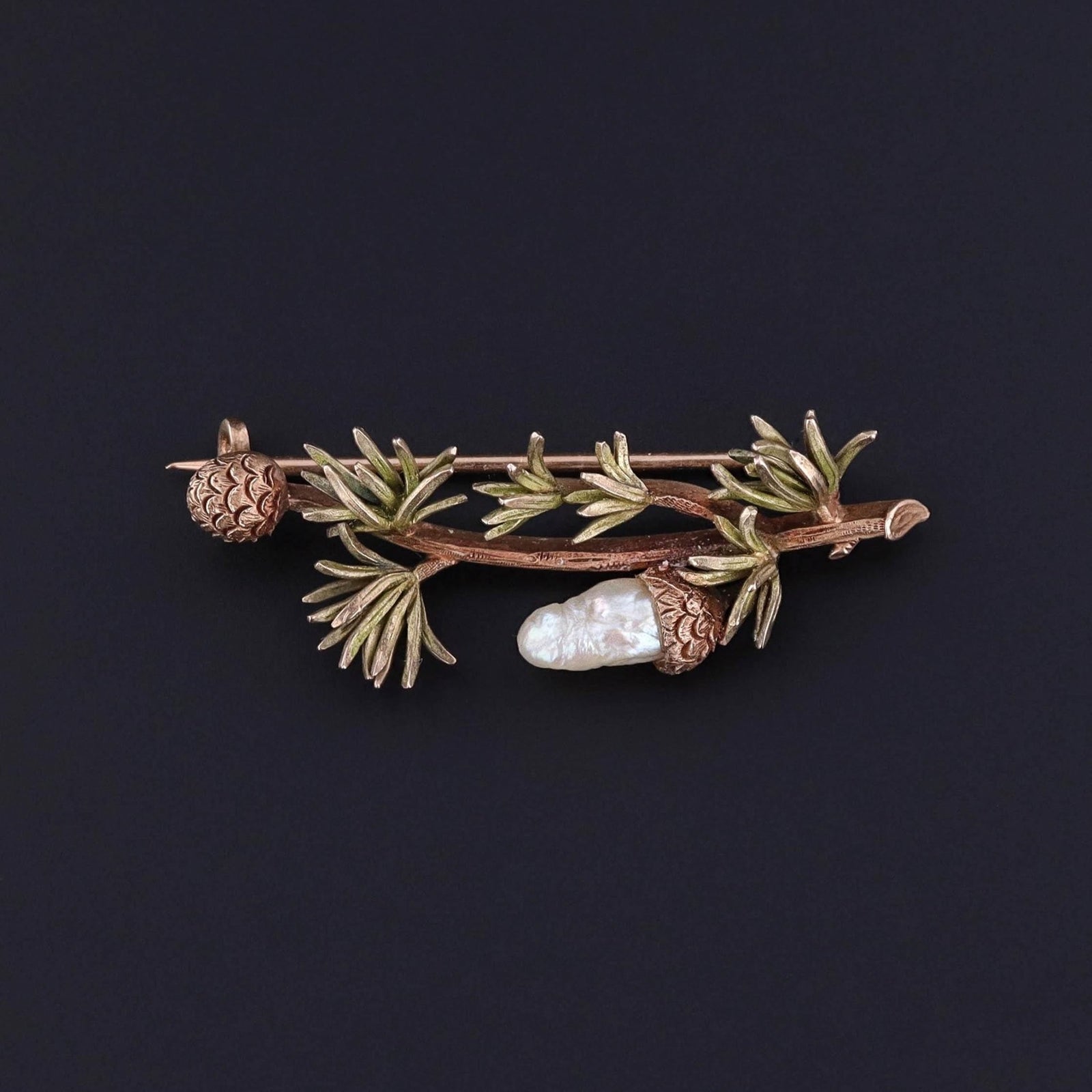 Antique Pearl Pinecone on Branch Brooch of 14k Gold - Trademark Antiques