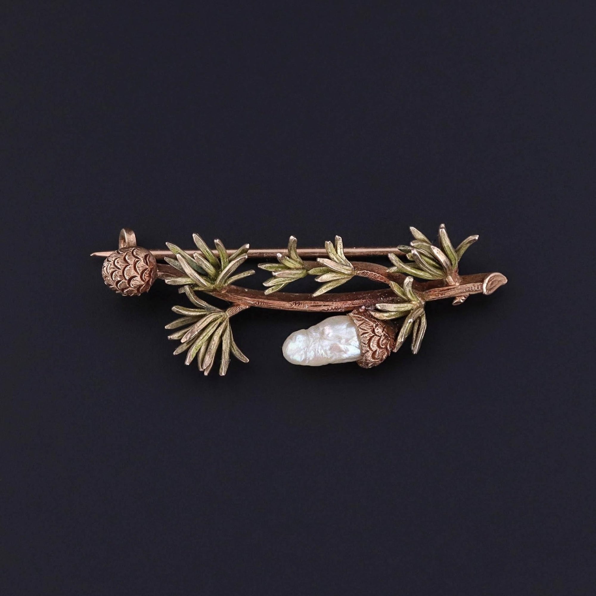 Antique Pearl Pinecone on Branch Brooch of 14k Gold - Trademark Antiques