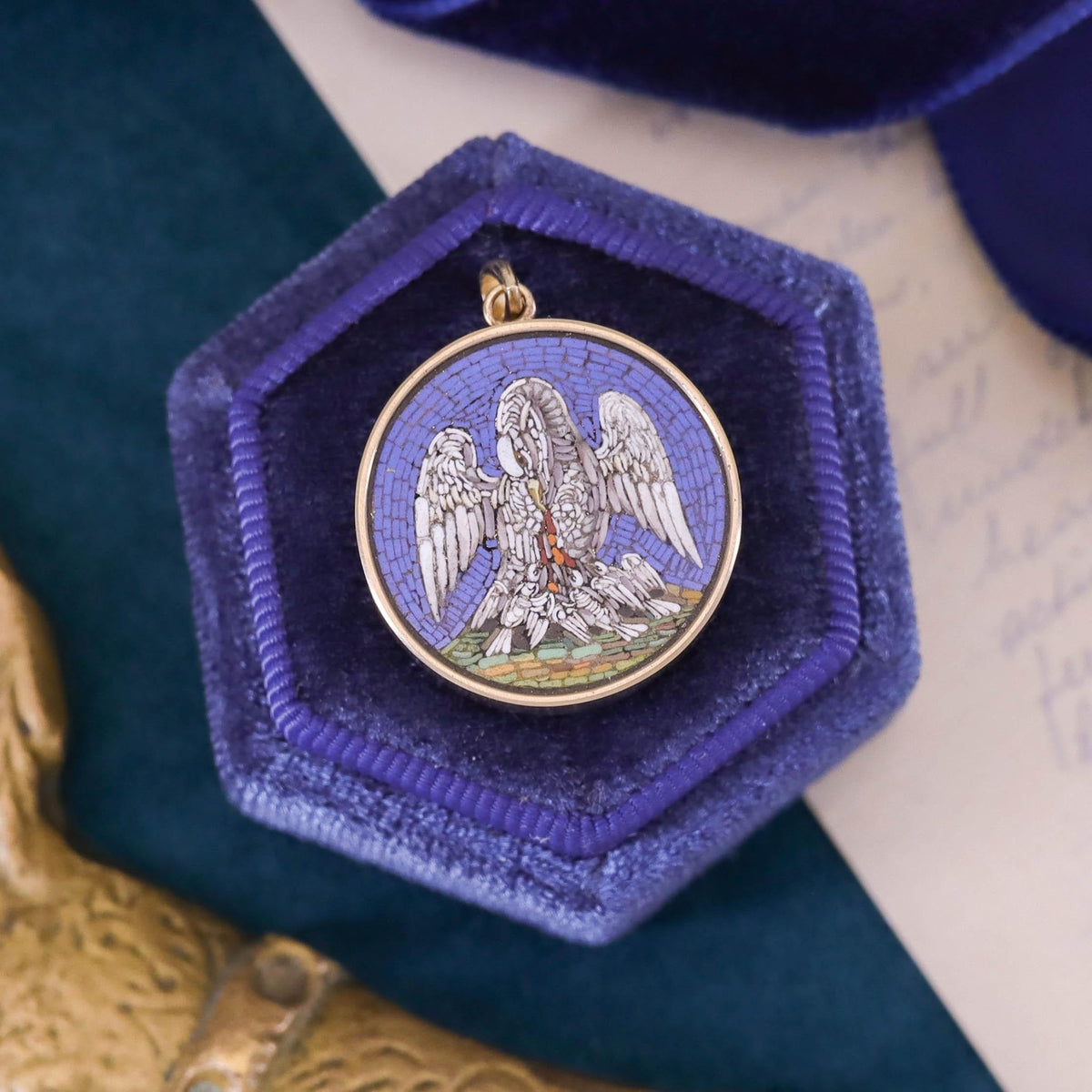 Antique Pelican and Piety Micromosaic Pendant of 14k Gold - Trademark Antiques