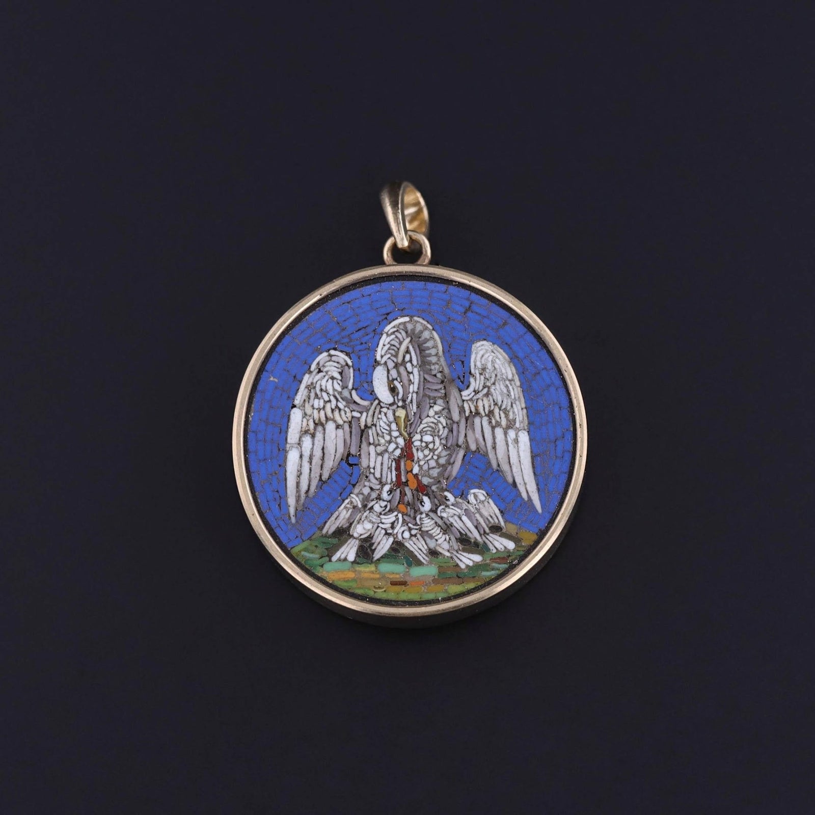 Antique Pelican and Piety Micromosaic Pendant of 14k Gold - Trademark Antiques