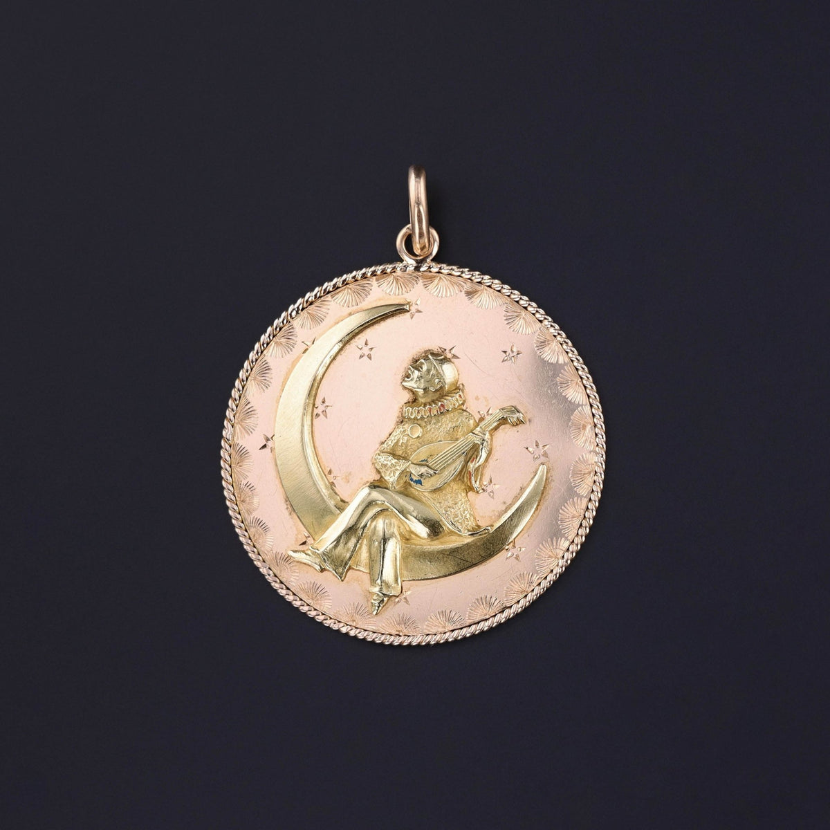 Antique Pierrot on Crescent Pendant of 18k Gold - Trademark Antiques