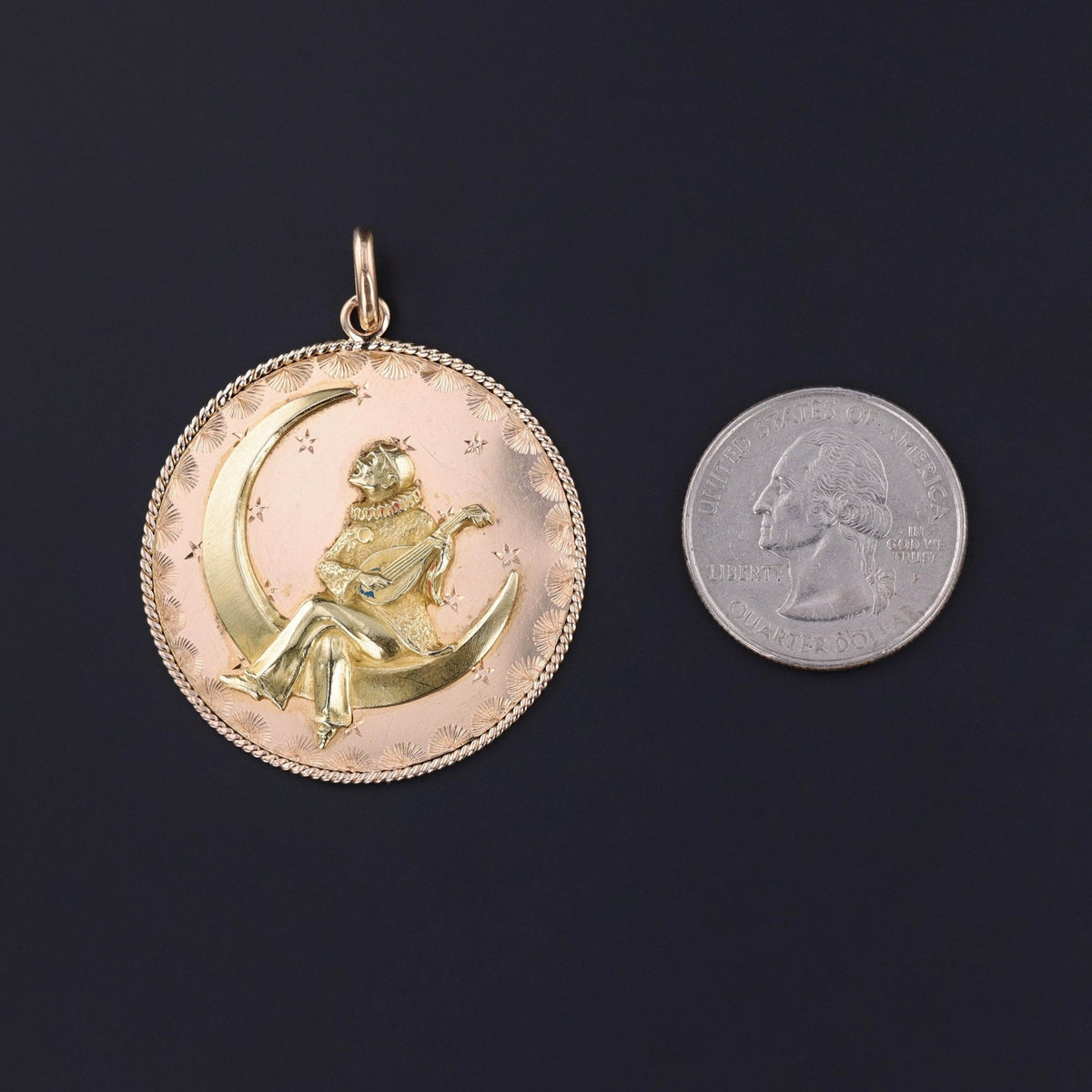 Antique Pierrot on Crescent Pendant of 18k Gold - Trademark Antiques