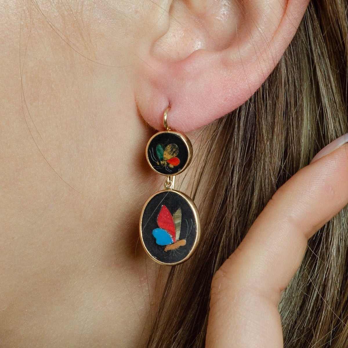 Antique Pietra Dura Butterfly Conversion Earrings of 14k Gold - Trademark Antiques
